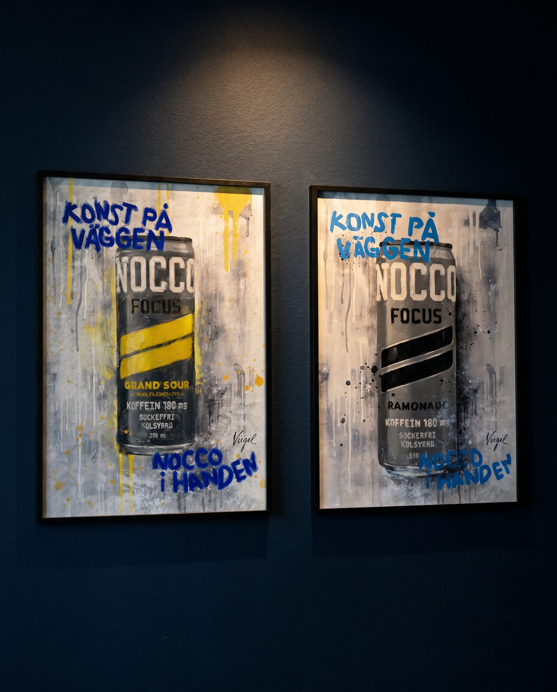Two framed Nocco Focus street art posters on a dark navy wall — Grand Sour and Ramonade editions, graffiti style with blue text "Konst på väggen, Nocco i handen", signed Virgil — Virgil Nocco poster collection