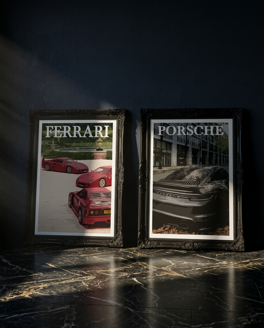 Two framed luxury car art posters leaning on marble floor against dark navy wall — Ferrari F40 and Porsche 911 illustrated prints in ornate black frames with dramatic side lighting — Virgil car poster collection
